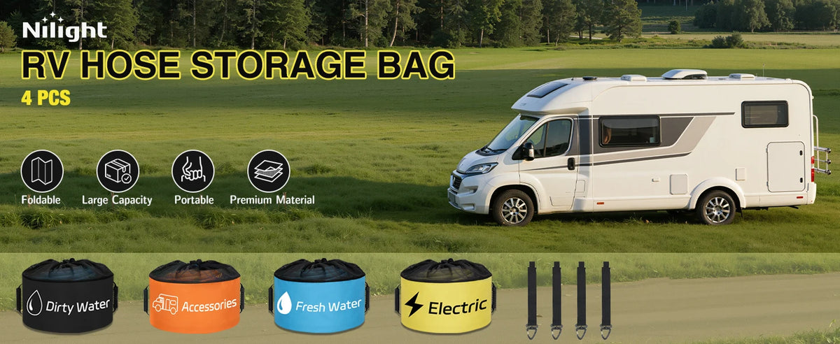 A white RV is shown with four storage bags for hose, accessories, water, and electric gear.