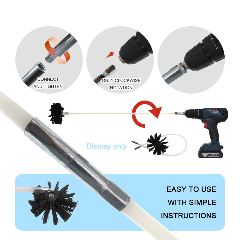 A flexible chimney and dryer vent cleaning brush kit with various attachments shown for easy use.
