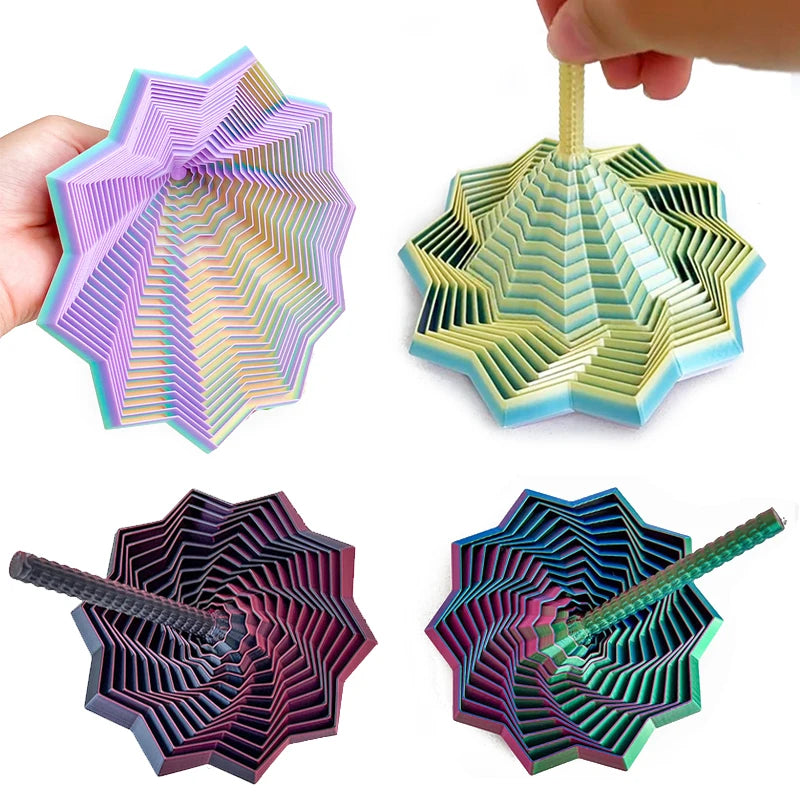 A hand holds a colorful 3D illusion fidget star toy with swirling spiral patterns.