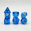 A set of seven translucent blue acrylic polyhedral dice, including a tetrahedron and several dodecahedral dice.