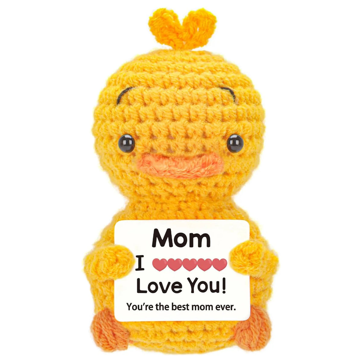 Handmade crochet orange hedgehog doll with a card that says I love you