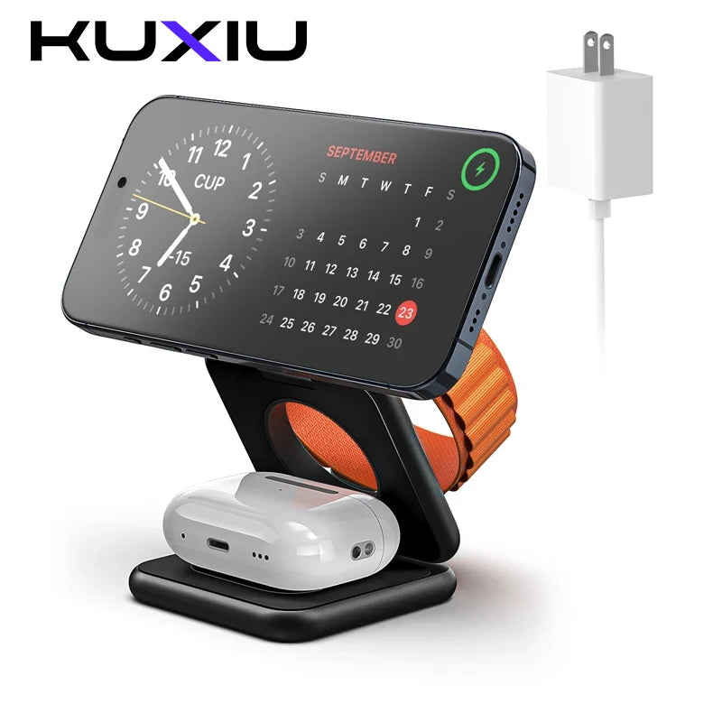 A black magnetic wireless charging stand for devices like iPhones, Apple Watches, and AirPods.