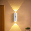 A white sensor light fixture mounted on a wall, illuminating a small potted plant.