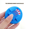 A hand holds a blue reusable leakproof can cover, demonstrating how unfinished drinks can be sealed.