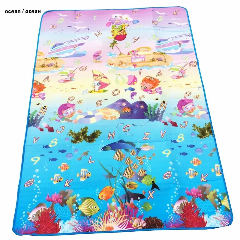 A colorful play mat featuring farm animal designs for baby