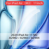 A clear tempered glass screen protector for a 2024 iPad Air M2 model with a protective film visible.