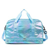 A light blue iridescent travel duffel bag with handles and zipper visible.