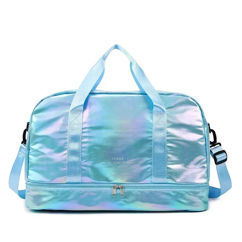 A light blue iridescent travel duffel bag with handles and zipper visible.