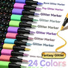 A collection of 24 colorful glitter markers in various shades and tips displayed in a row.
