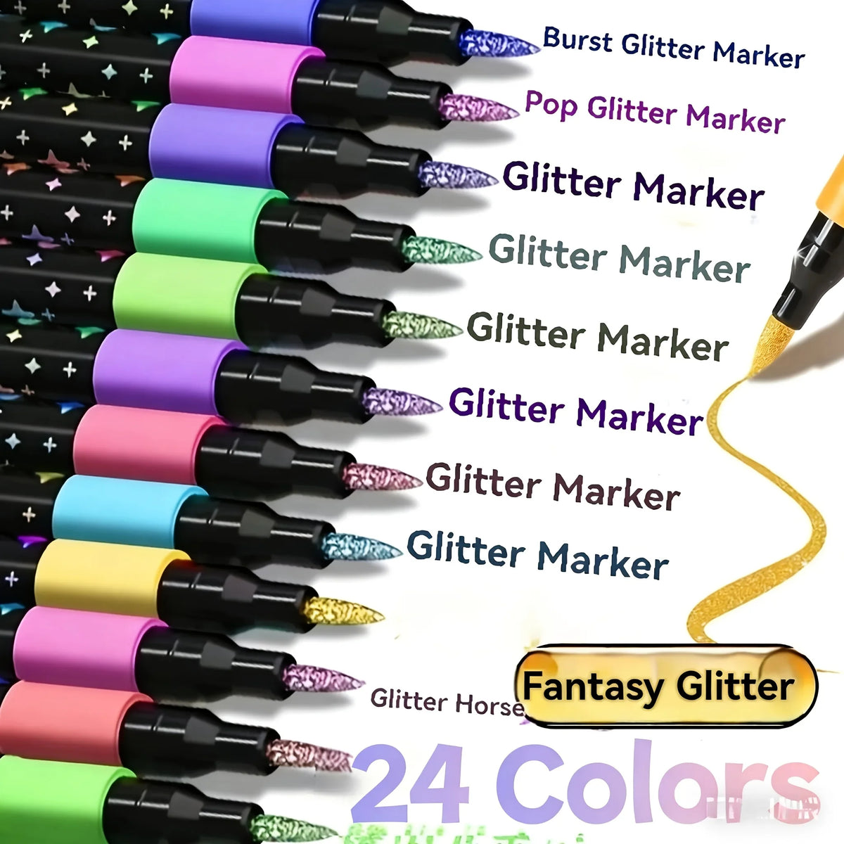 A collection of 24 colorful glitter markers in various shades and tips displayed in a row.