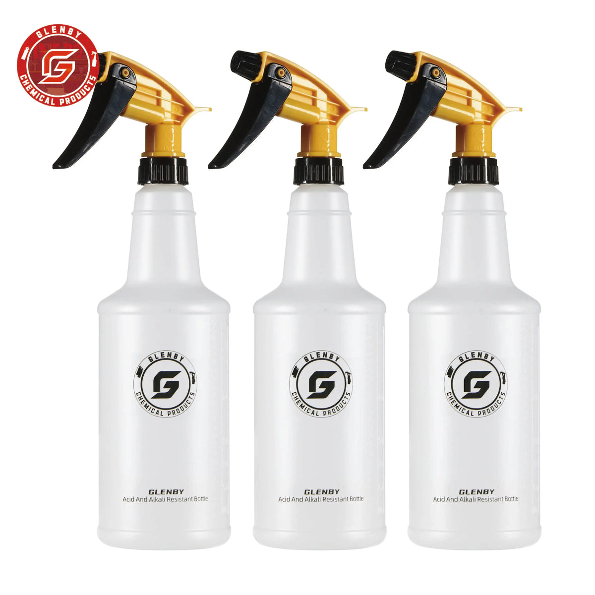 Three yellow and black spray bottles for cleaning plants and other uses