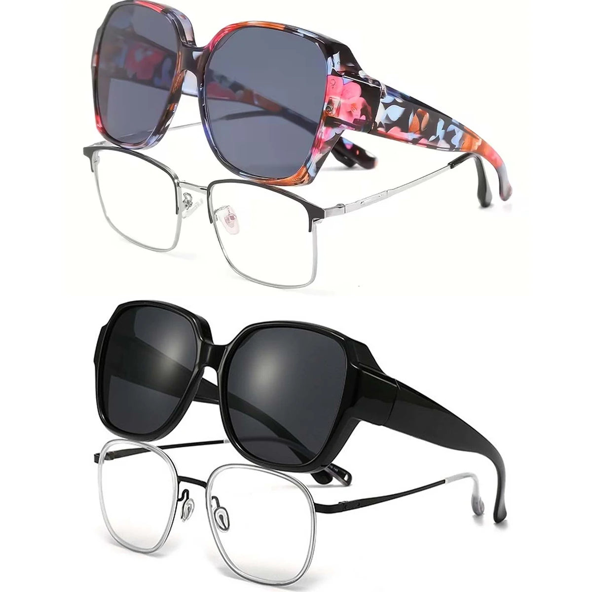 Un par de gafas de sol cuadradas con patrón floral multicolor y un par de gafas negras.
