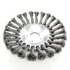 A silver steel wire weed trimmer head with numerous twisted wires radiating from a central disk.