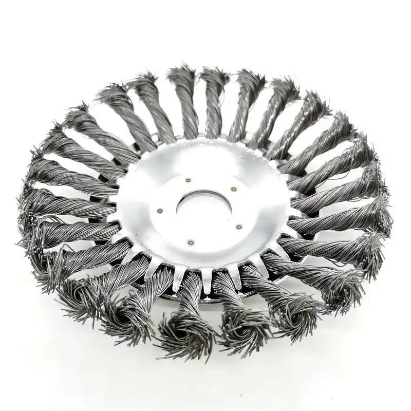A silver steel wire weed trimmer head with numerous twisted wires radiating from a central disk.