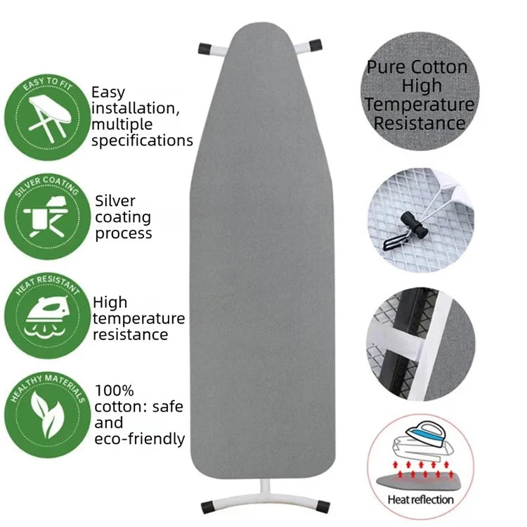 Gray ironing board cover with heat resistant and reflective padding features for easy installation