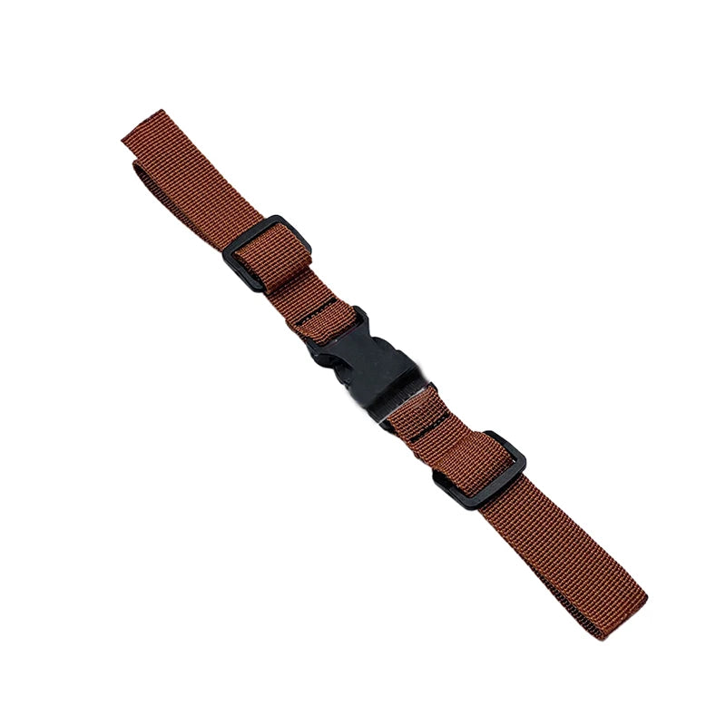 A brown adjustable backpack chest strap with black plastic components.
