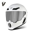 A white full-face motorcycle helmet with a clear visor and black ventilation details.