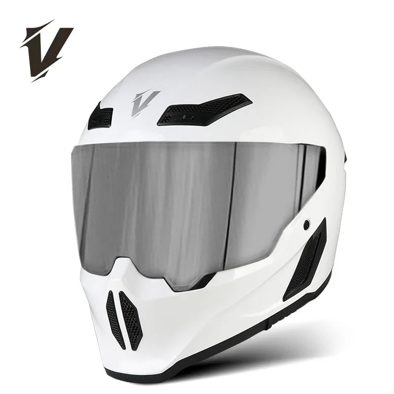 A white full-face motorcycle helmet with a clear visor and black ventilation details.