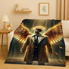 A man with golden wings wearing a coat is featured on a blanket design.