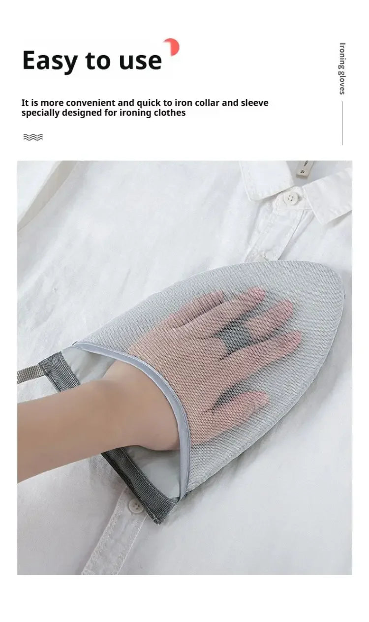 A hand wearing a mesh ironing glove is shown resting on a white cloth, demonstrating the product for ironing clothes.