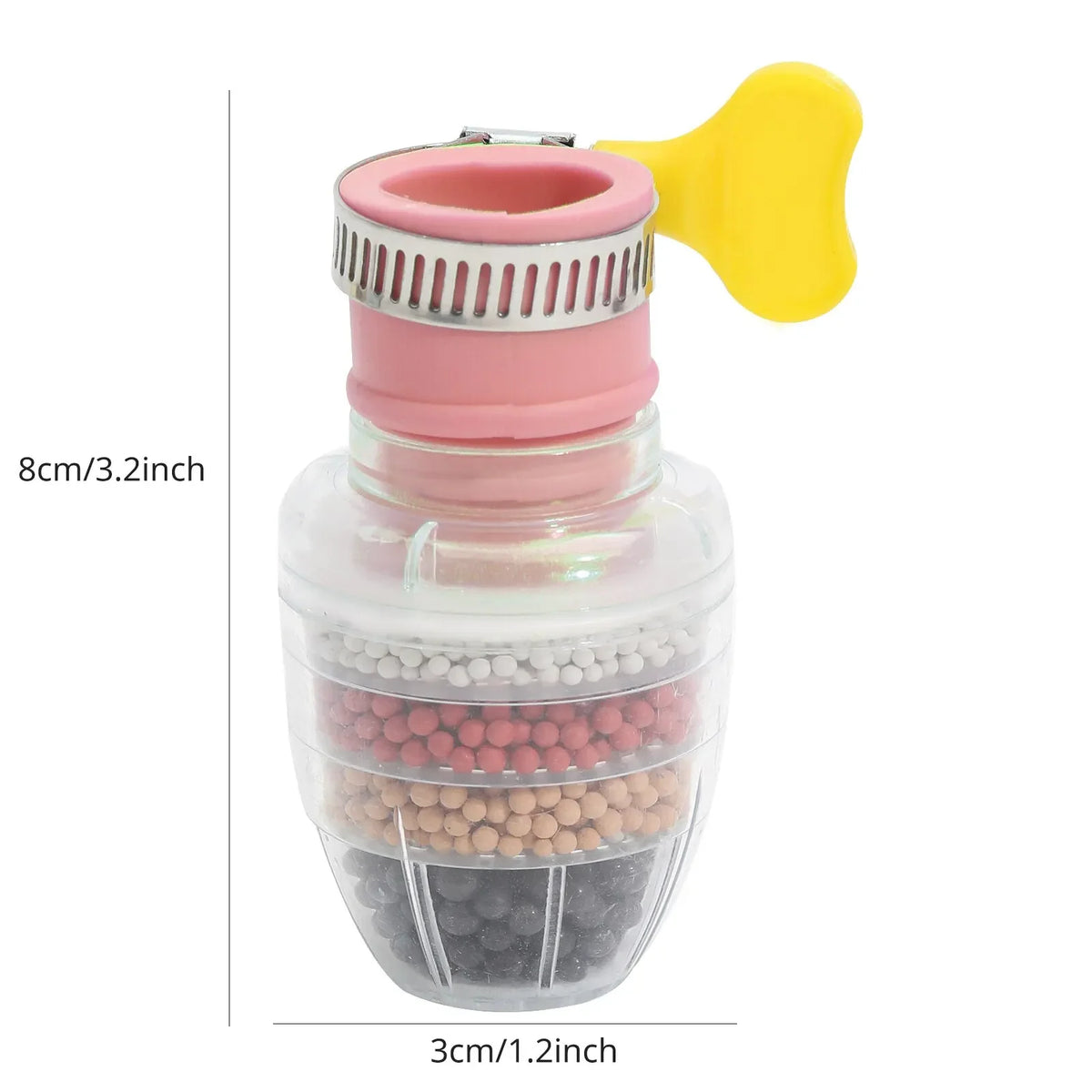 A clear plastic water filter bottle with a pink cap and a yellow spray head, showing layered filtration media.