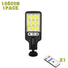 A black solar powered motion sensor flood light with a detachable panel and remote control.