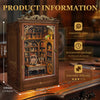 A wooden DIY book nook kit featuring a detailed miniature house shelf insert with books and decorative items.