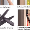 Steps showing how to clean, measure, cut off, and install self-adhesive D-shape weather stripping for doors and windows