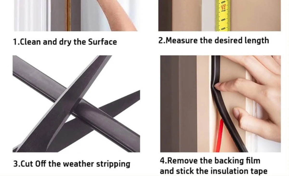 Steps showing how to clean, measure, cut off, and install self-adhesive D-shape weather stripping for doors and windows