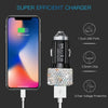 A black rhinestone dual USB car charger is shown next to a smartphone displaying 62% charged.