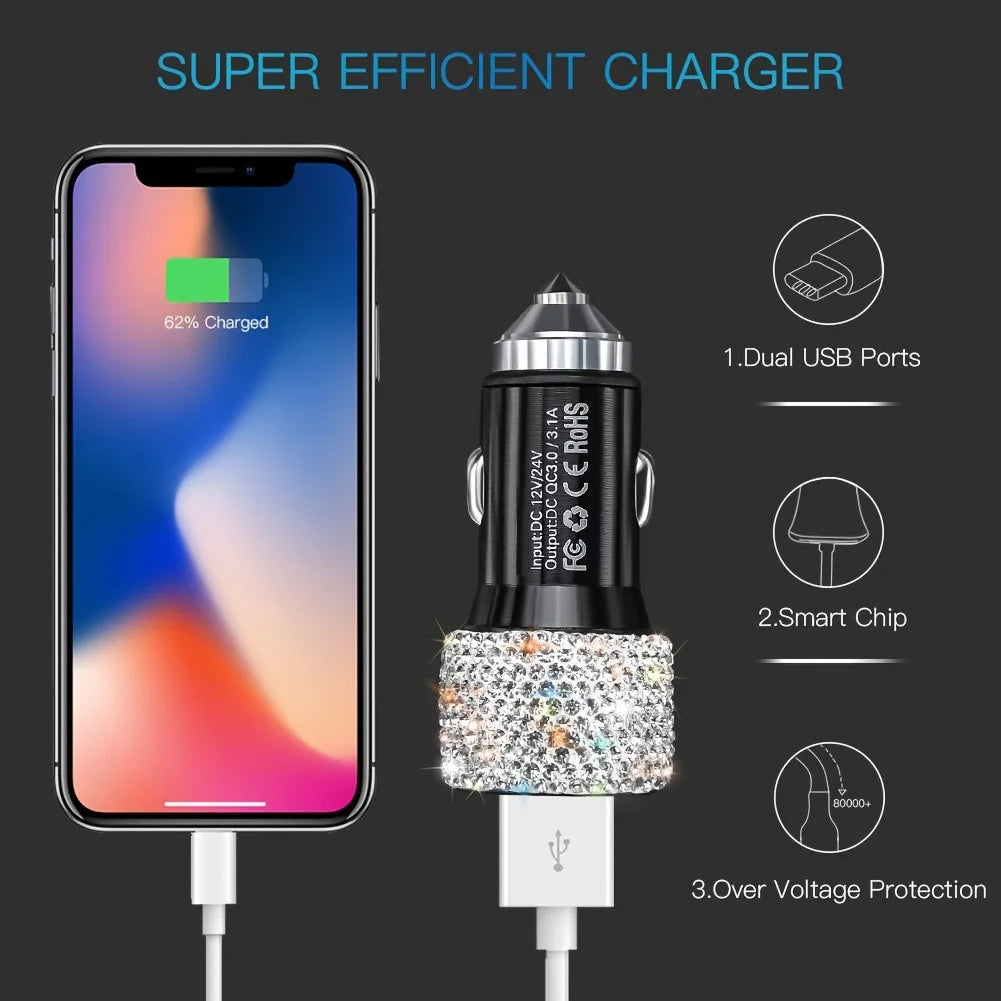 A black rhinestone dual USB car charger is shown next to a smartphone displaying 62% charged.