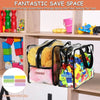 A clear transparent storage bag with a zipper is shown filled with colorful building blocks and plush toys on a wooden shelf.