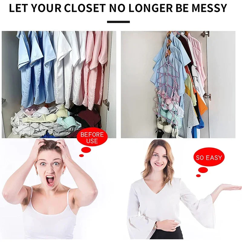 Before and after images showing a cascading clothes hanger connector hook system for space-saving wardrobe organization