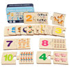 Un juego de tablas de puzles de animales de madera con números y animales correspondientes para el aprendizaje infantil.