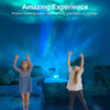 A girl is interacting with a water ripple projector that casts colorful light effects onto a wall or ceiling.