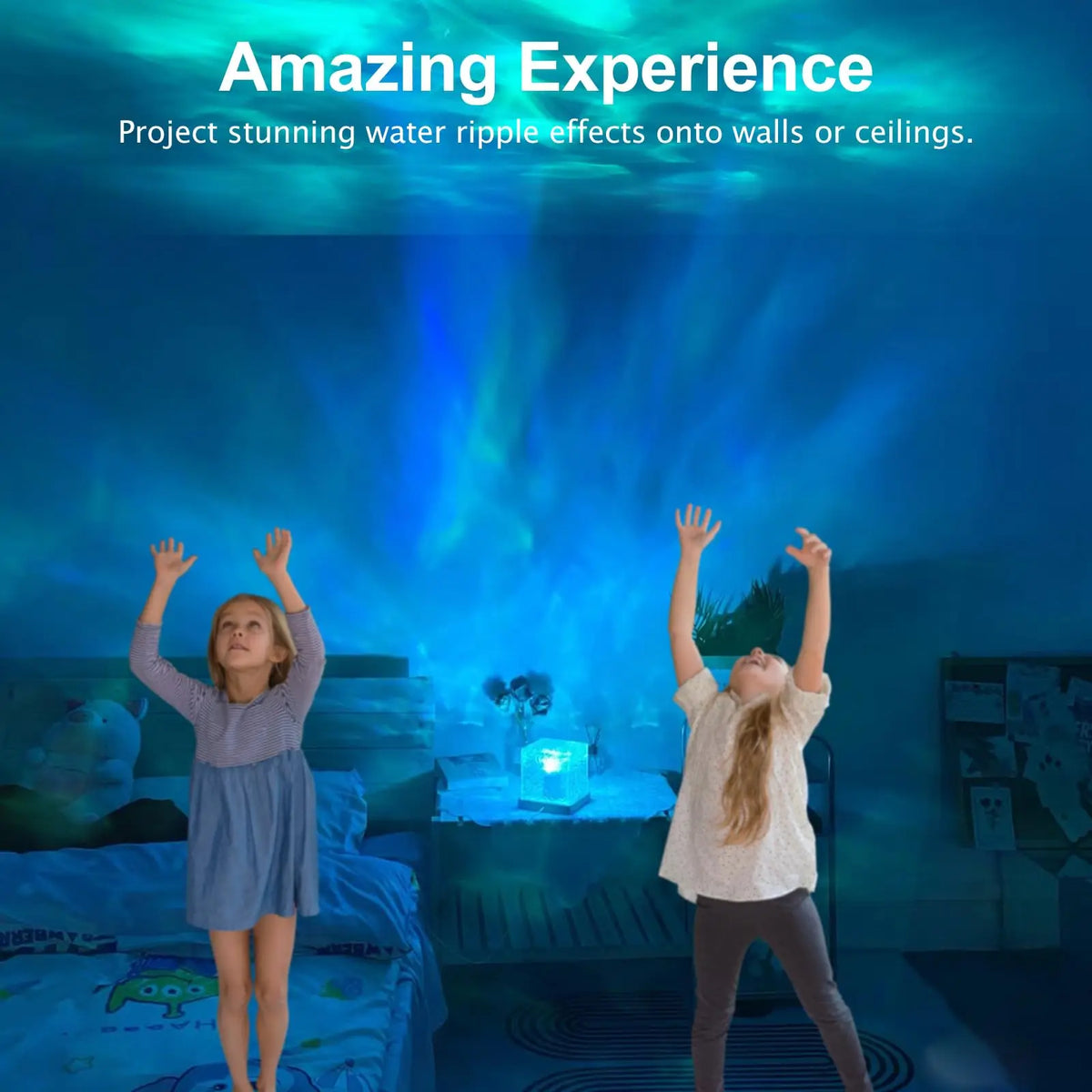 A girl is interacting with a water ripple projector that casts colorful light effects onto a wall or ceiling.
