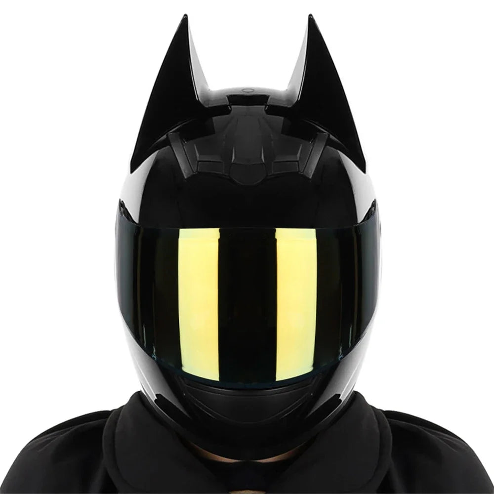Black Bat Ear full face motorcycle helmet with yellow visor and detachable horns