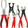 A set of professional metal pliers and clamps used for fuel line disconnection.