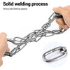 Hand holding a heavy-duty stainless steel chain demonstrating the solid welding process.