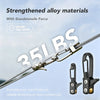 Close-up of a heavy-duty paracord tensioner with alloy carabiners showing 35lbs of force.