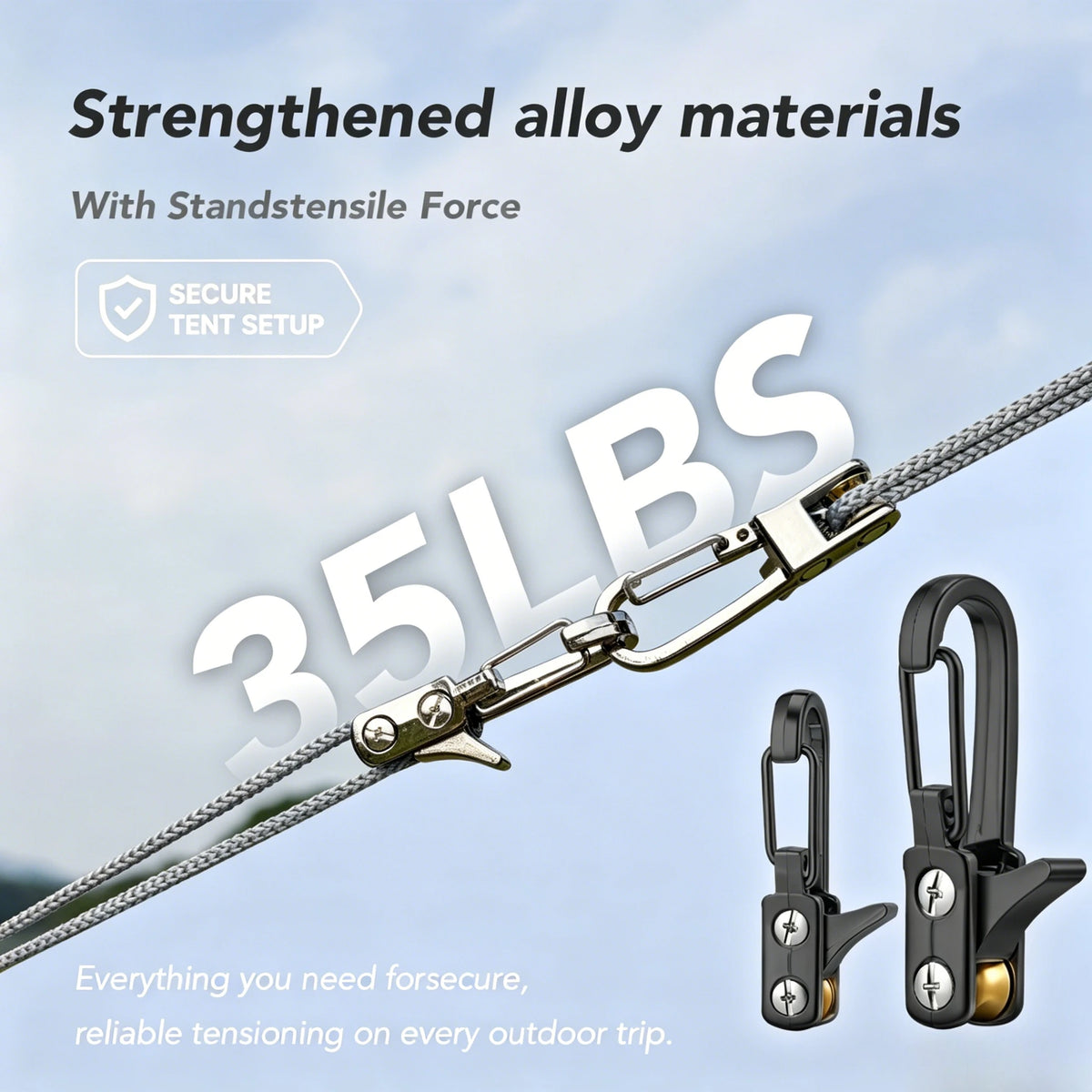 Close-up of a heavy-duty paracord tensioner with alloy carabiners showing 35lbs of force.