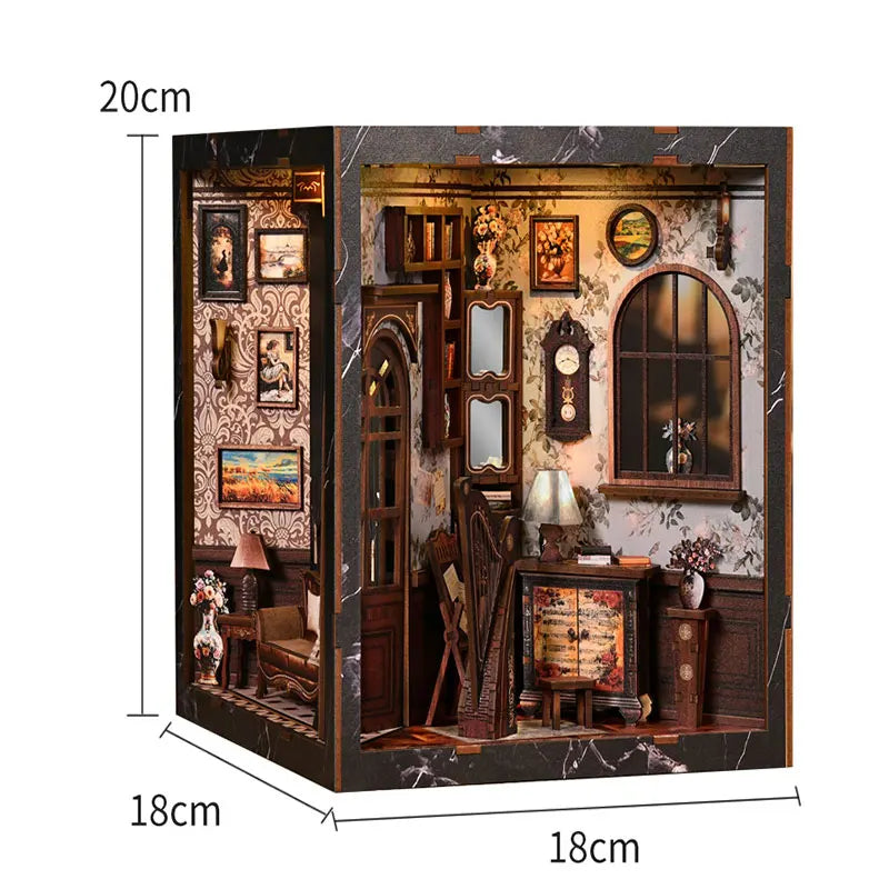 A detailed miniature wooden book nook kit featuring a rustic interior with shelves, windows, and decorative elements.