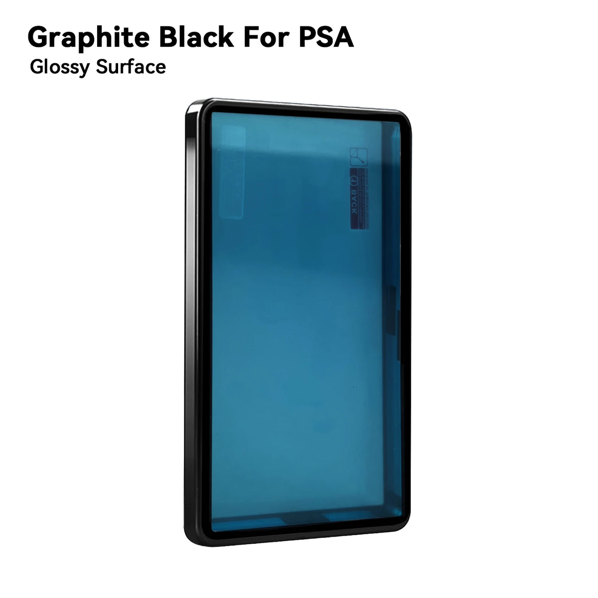 A black protective display case for a trading card with a glossy blue surface.