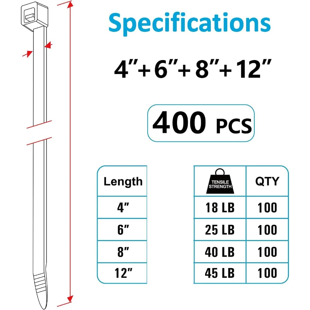 Specifications chart showing lengths of black nylon cable ties from 4 inches to 12 inches with corresponding quantities.