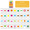 A set of 36 shape flash cards in various colors and forms for early learning.