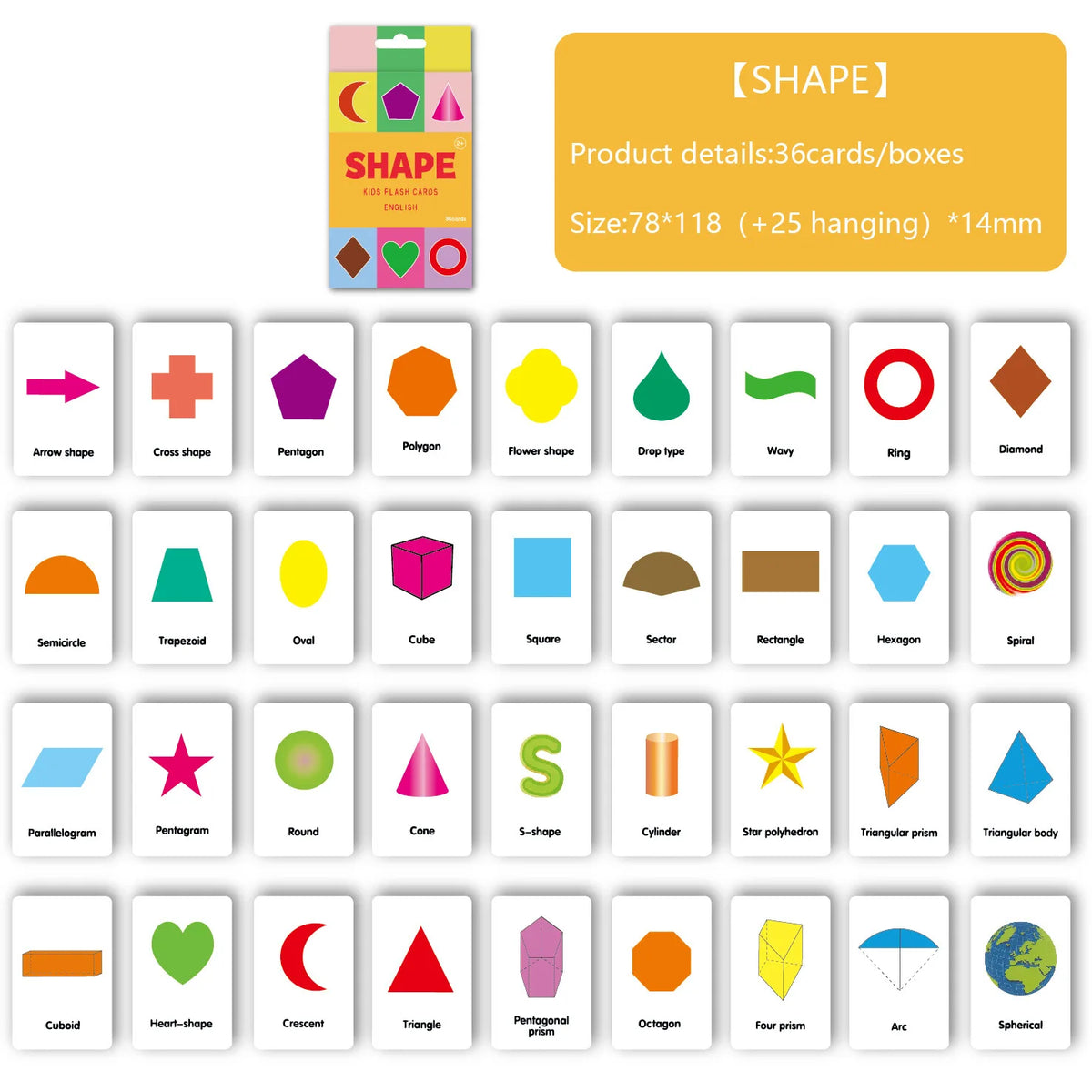 A set of 36 shape flash cards in various colors and forms for early learning.