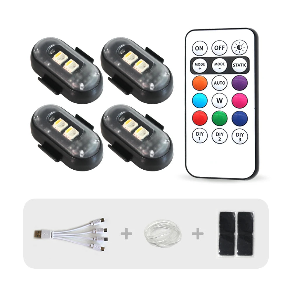 A set of eight strobe lights with a remote control and a handheld remote for car and motorcycle use