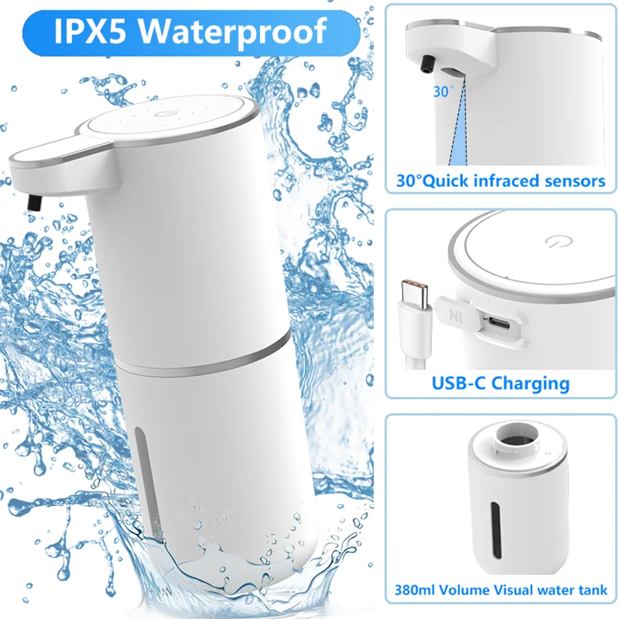 A white touchless automatic soap dispenser with an IPX5 waterproof design and USB-C charging port.