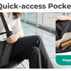 A person is shown using a quick-access pocket feature on a black laptop tote bag with a magnetic closure.