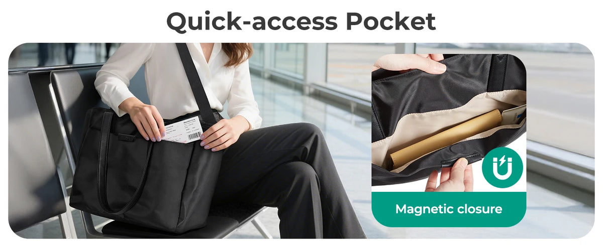 A person is shown using a quick-access pocket feature on a black laptop tote bag with a magnetic closure.